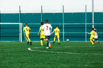 Boys in yellow white sportswear running on soccer field. Young footballers dribble and kick football ball in game. Training, active lifestyle, sport, children activity concept 