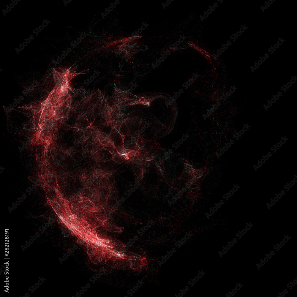 Poster abstract particles background with corrupted point sphere. sun solar flare particles coronal mass ej