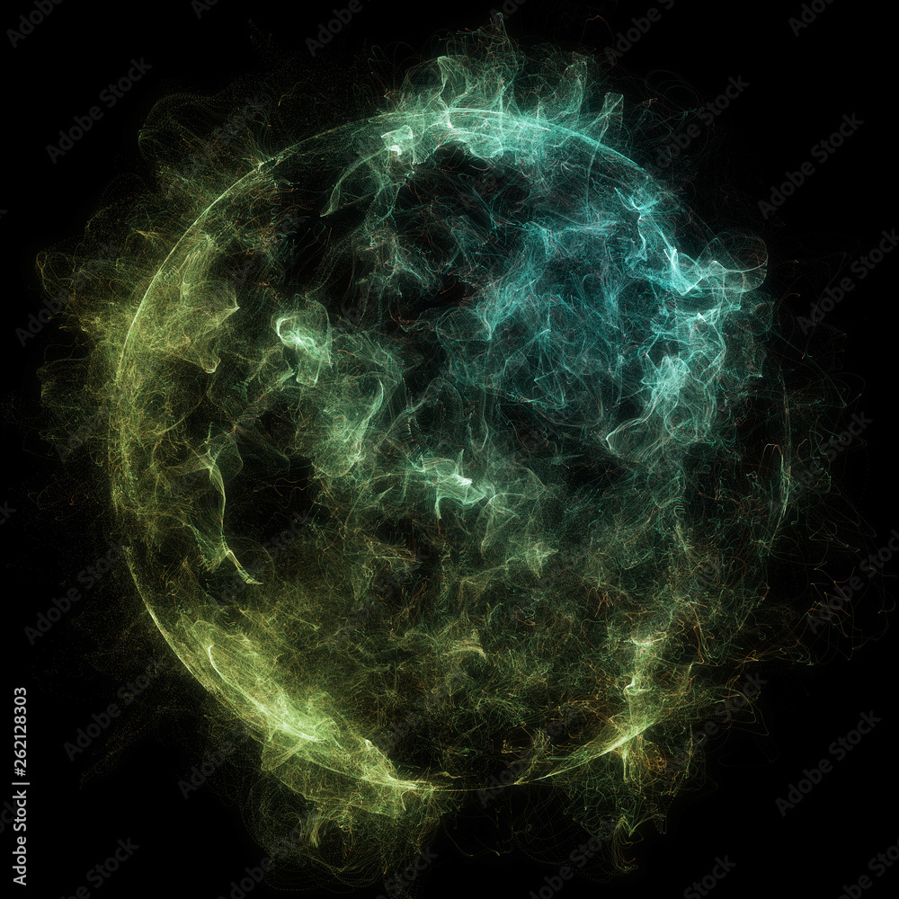 Poster abstract particles background with corrupted point sphere. sun solar flare particles coronal mass ej
