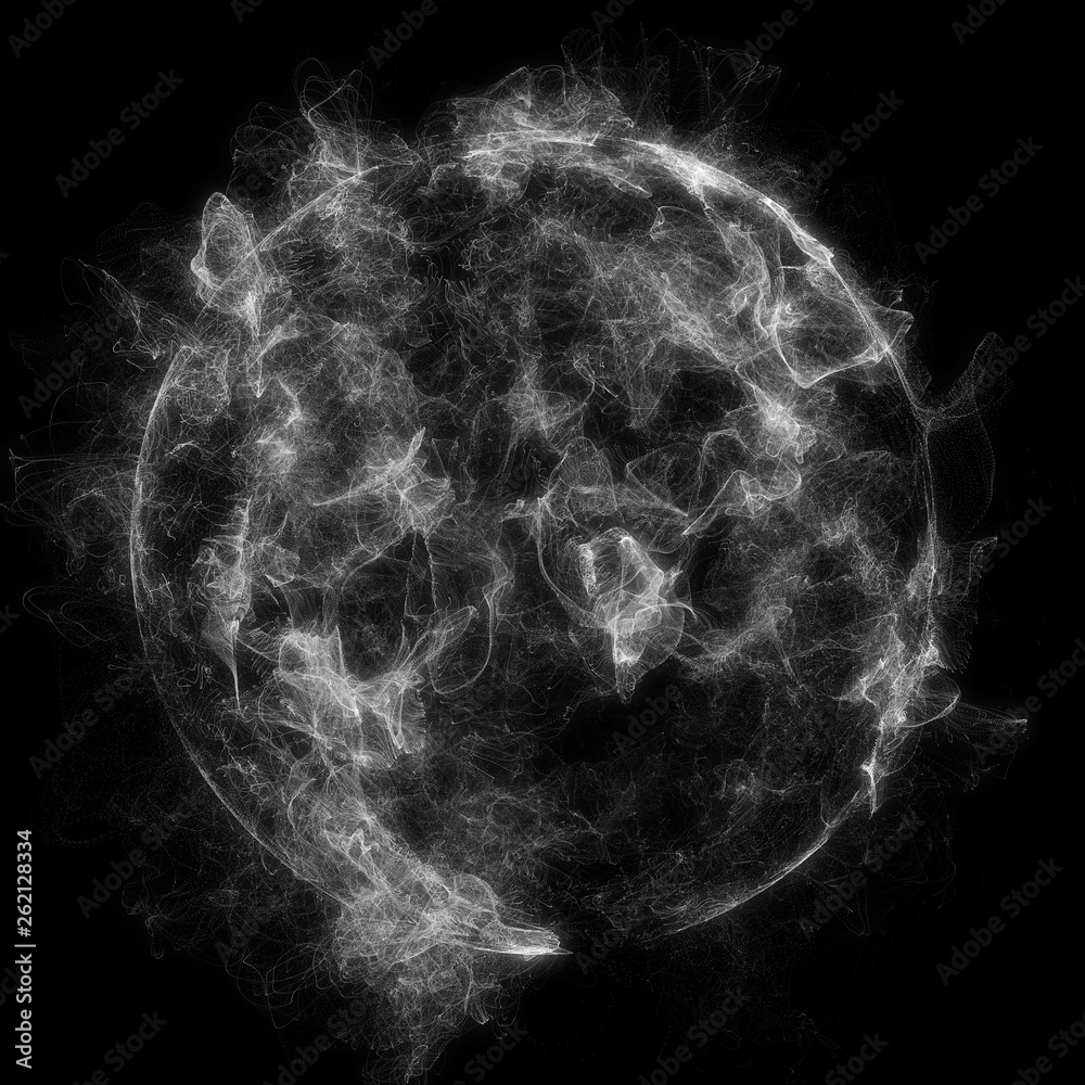 Poster abstract particles background with corrupted point sphere. sun solar flare particles coronal mass ej