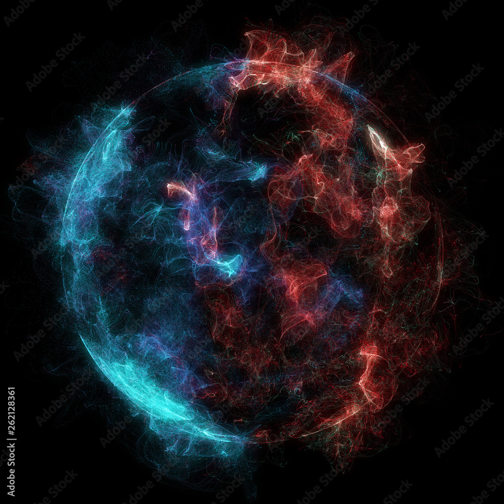 Poster abstract particles background with corrupted point sphere. sun solar flare particles coronal mass ej