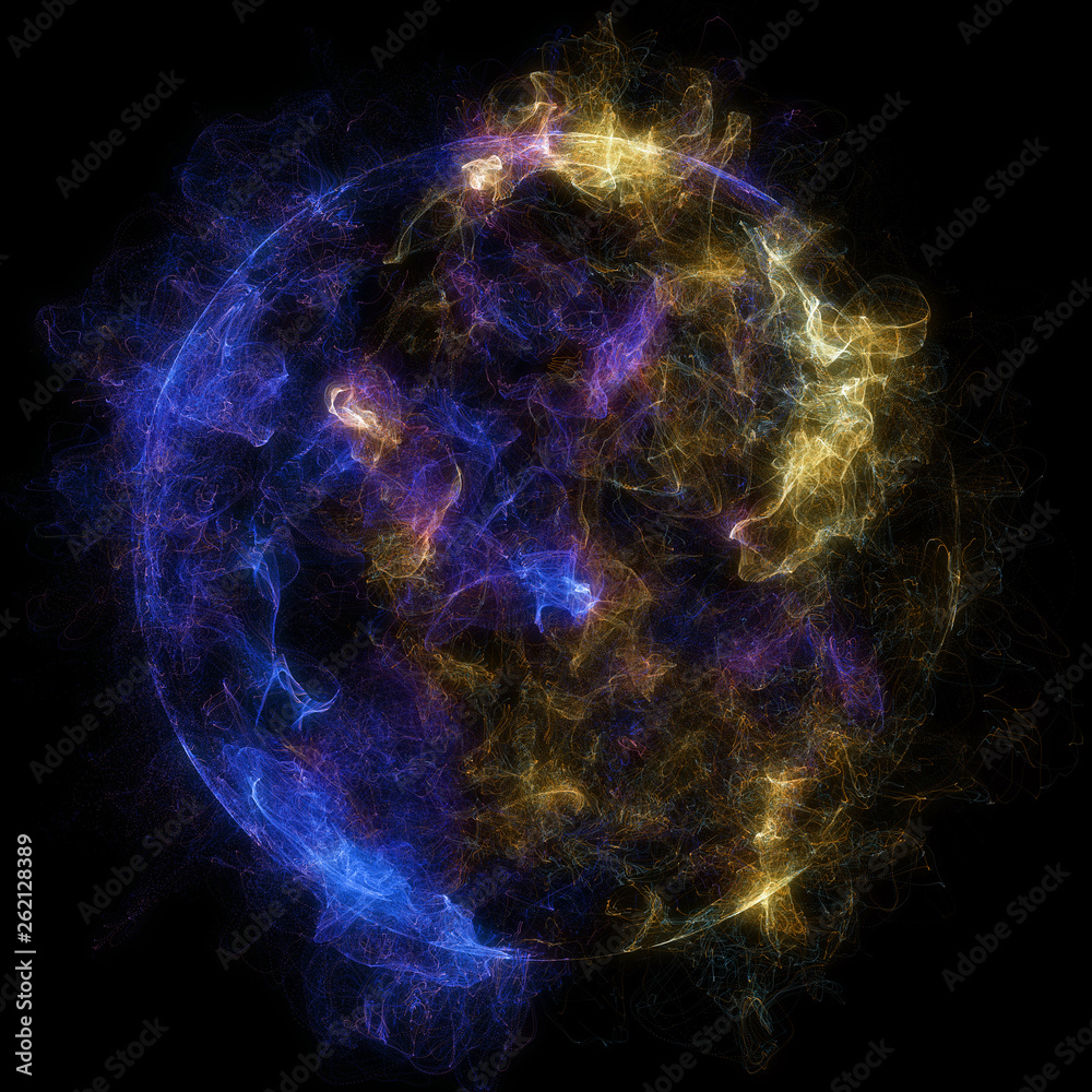 Poster abstract particles background with corrupted point sphere. sun solar flare particles coronal mass ej