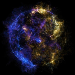 Abstract particles background with corrupted point sphere. Sun Solar Flare Particles coronal mass ejections. Globe grids with a broken structure. 3D render