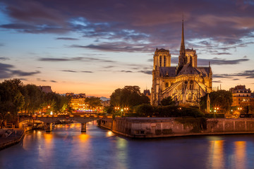Fototapeta na wymiar Notre Dame and the Seine at dusk with lights on