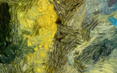 Impressionism wall art print. Vincent Van Gogh style expressionism oil painting. Swirl splashes. Surrealism artwork. Abstract artistic background. Real brush strokes on canvas. Contemporary fine art.