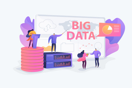 Big data conference, innovative idea presentation, data science meeting concept. Vector isolated concept illustration with tiny people and floral elements. Hero image for website.