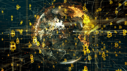 Bitcoin blockchain global crypto currency encryption conceptual 3d animation 3D render