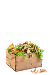 Vegetable kitchen food waste in a re used wooden container for home composting white bacground