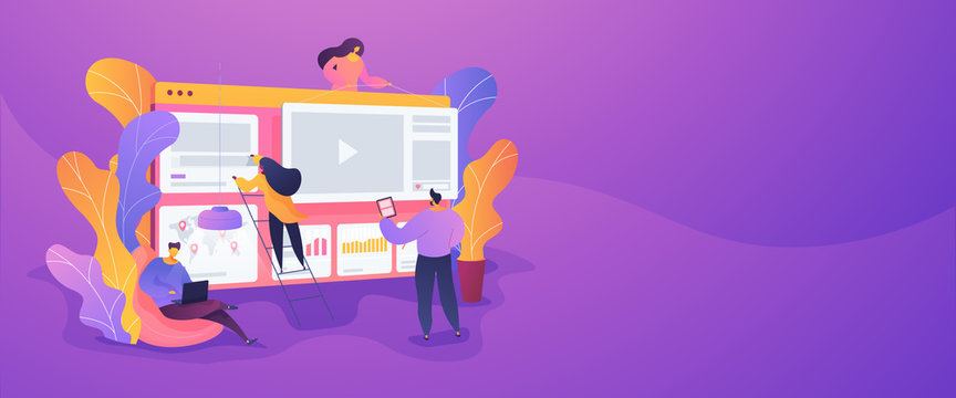 Website development or web application, coding, designing for web browsers concept. Vector banner template for social media with text copy space and infographic concept illustration.