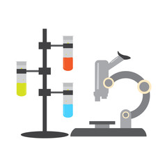 Test tubes on stand with a microscope. Laboratory instruments. Vector illustration design