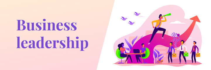 Business leadership, managing skills, leadership training plan and success achievement concept. Vector banner template for social media with text copy space and infographic concept illustration.