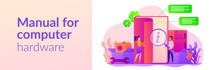 Electronic goods technical guide, manual for computer hardware, software assistant and user guide. Vector banner template for social media with text copy space and infographic concept illustration.