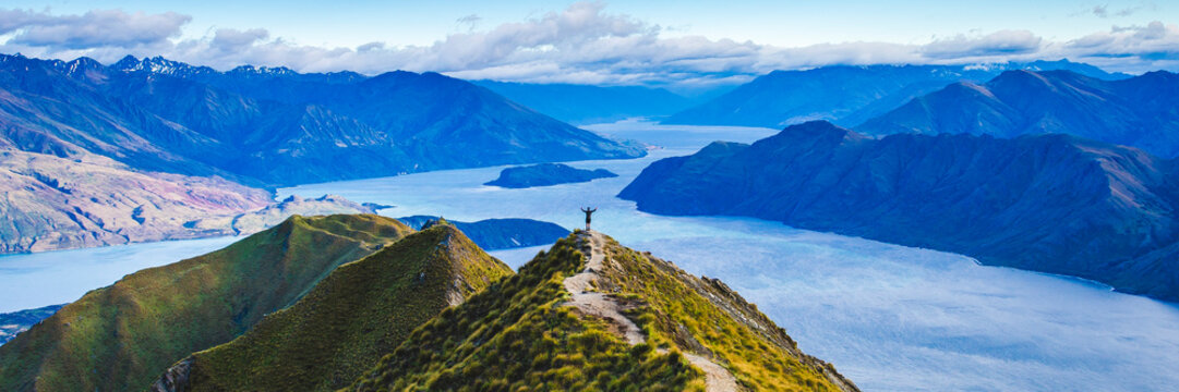 Roys Peak Scenic View Over Lake Wanaka Scenery of New Zealand Landscape Background.