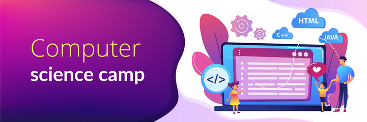 Tiny people, happy kids learning programming on huge laptop. Computer programming camp, computer science camp, cuber education course concept. Header or footer banner template with copy space.