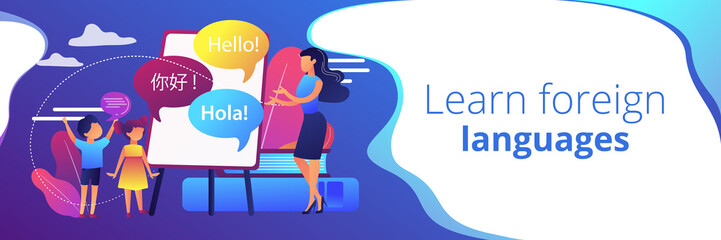 Tiny people, teacher and kids in camp learning English and Chinese. Language learning camp, summer language program, learn foreign languages concept. Header or footer banner template with copy space.