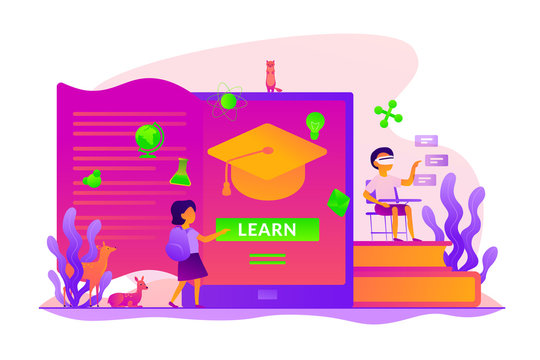 Digital and mobile learning, e-learning, flipped class, smart classroom and virtual learning concept. Vector isolated concept illustration with tiny people and floral elements. Hero image for website.