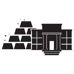 Bank building with golden ingots icon. Vector illustration design