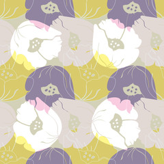Obraz na płótnie Canvas Vector illustration of stylized airy, abstract poppies in lilac, yellow, purple and lime. Seamless repeat pattern, tiled artwork. Perfect for gift, wallpaper, scrapbooking