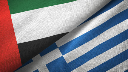 United Arab Emirates and Greece two flags textile cloth, fabric texture