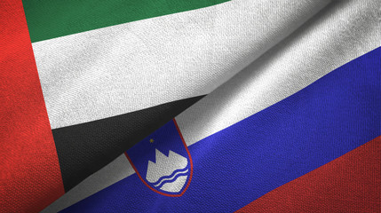 United Arab Emirates and Slovenia two flags textile cloth, fabric texture