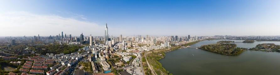 Skyline of Nanjing city in a sunny day in spring . 
