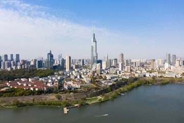 Fototapeta premium Skyline of Nanjing city in a sunny day in spring . 
