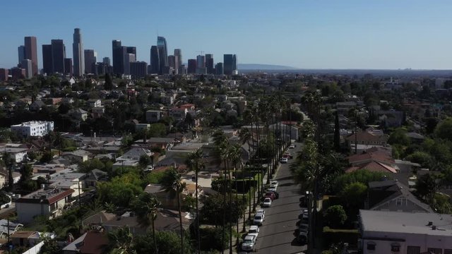 Drone flys over iconic Los Angeles palm tree lined street with the city skyline in the background.