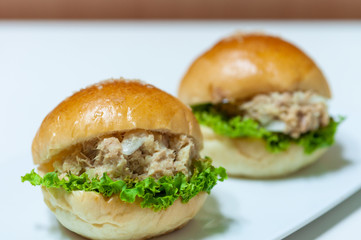 Mini tuna hamburgers with green vegetable, fast food meal.