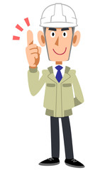 ヘルメットを装着して人差し指をたてる工務店の男性
