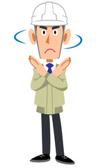 ヘルメットを装着して拒否のジェスチャーを示す工務店の男性