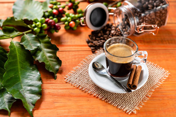 Glass of clear glass of hot coffee on wooden table. Orange wood pinus.