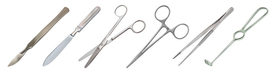 Set of surgical instruments. Tweezers, all-metal reusable scalpel, clip with fastener, straight scissors with rounded ends, jagged hook Folkmann. Vector illustration