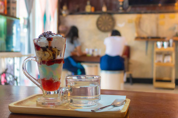 Delicious ice cream on table in cafe