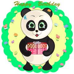 birthday greeting card with panda. cartoon vector illustration.