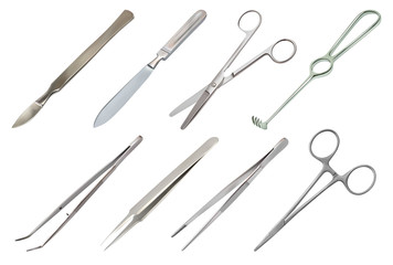 Set of surgical instruments. Different types of tweezers, all-metal reusable scalpel, clip with fastener, straight scissors with rounded ends, jagged hook Folkmann, disposable syringe. Vector image