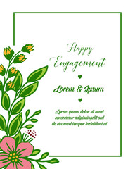 Vector illustration card template of happy engagement with design of flower frame