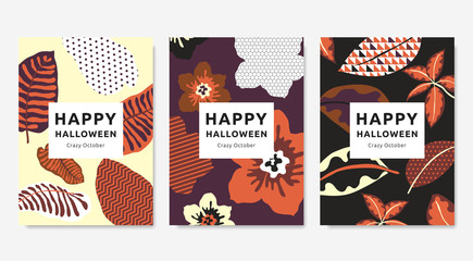 Botanical Halloween greeting card template design, peacock plant, flowers and leaves in light yellow, dark purple and black tones