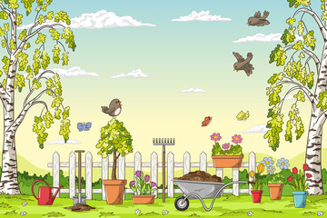 Spring landscape with gardening tolls and birds. Hand draw vector illustration.