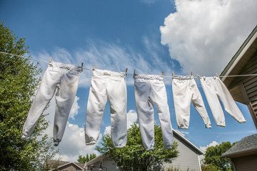 Row of baseball pants hanging up to dry on a clothesline