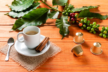 White cup of hot coffee on wooden table. Orange wood pinus.