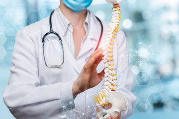 A physiotherapist with a stethoscope examining a spine model . - Powered by Adobe