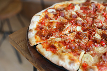 Delicious italian cuisine Pizza with garlic and bacon