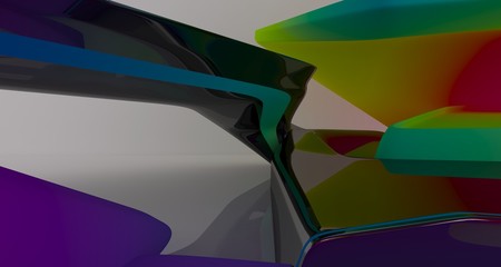 Abstract dynamic interior with black and colored gradient smooth objects. 3D illustration and rendering