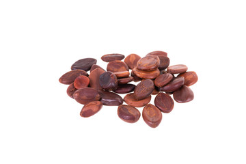 Horse cassia, Pink Shower (scientific name : Cassia grandis) seeds on white background.