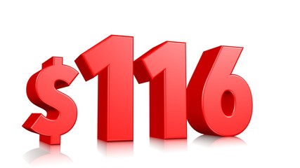 116$ One hundred and sixteen price symbol. red text 3d  render with dollar sign on white background