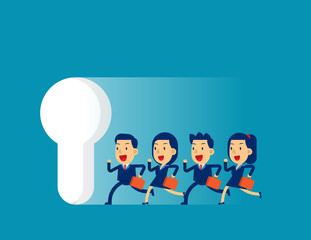 Business team running to large keyhole. Concept cute business vector illustration,  Achievment, Motivation.