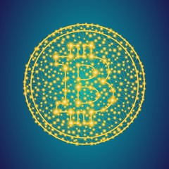 gold bitcoin money icon sign on polygonal low poly plexus line and dots coin background, precious metal online trading, investment in future concept, stock vector illustration clip art