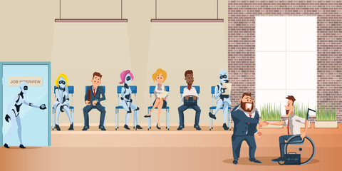 People and Robot Queue for Job Interview at Office
