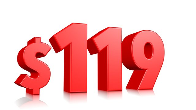 119$ One hundred nineteen price symbol. red text 3d  render with dollar sign on white background