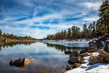 A quiet wintry scene along the shore of Fools Hollow Lake. Near Show Low in Arizona's White...